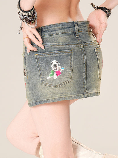 Denim Skirt Bodycon Mini Adorable Puppy Print Blue