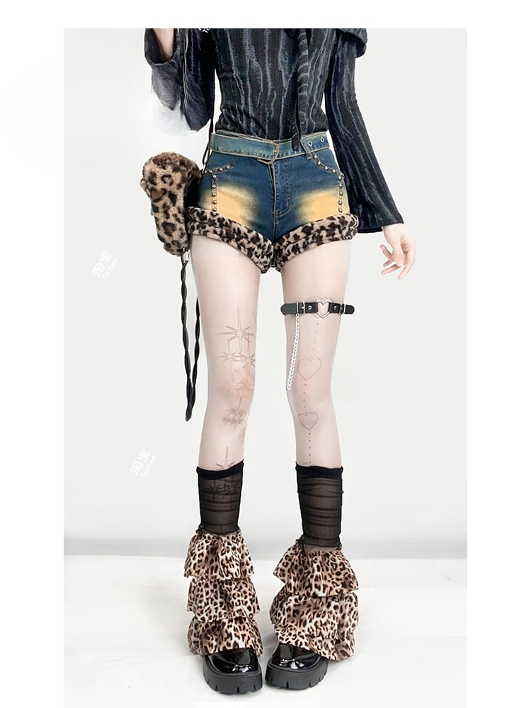 Blue Denim&Leopard Shaggy Plush Trim Distressed Shorts
