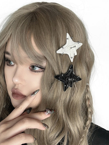 Barrette à cheveux punk en forme d'étoile noire et blanche