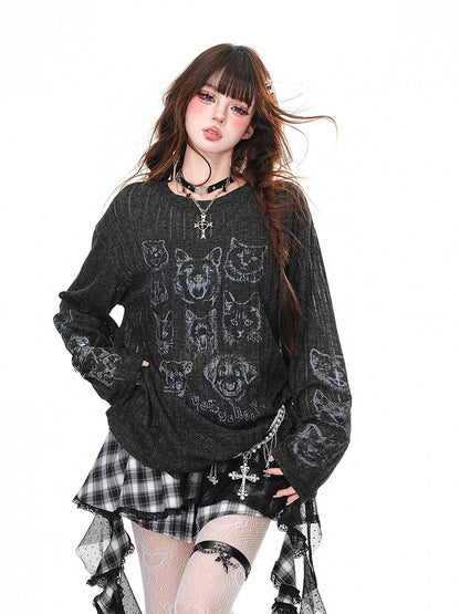 Black/Beige Semi-sheer Round Neck Puppy and Kitty Loose Top