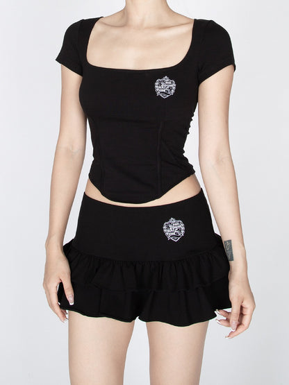 Red/Black Square Neckline Curved Hem Glamorous Cropped T-Shirt