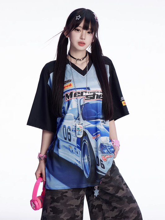 Blue Black and T-shirt Colorblock V-neck Racing Print Loose Design