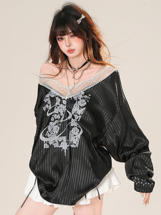 Print Trim Sleeves Bittersweet Black Long Floral Glamorous Blokette Striped Core Top Lace