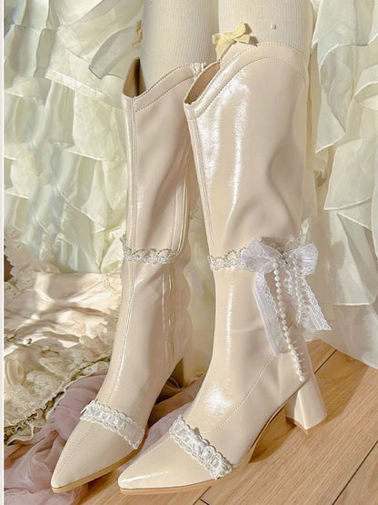 Beige Pointed Toe Laceand Beaded Chain Block Heel Knee-high Boots