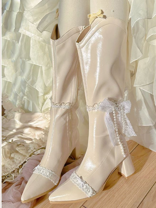 Beige Pointed Toe Laceand Beaded Chain Block Heel Knee-high Boots