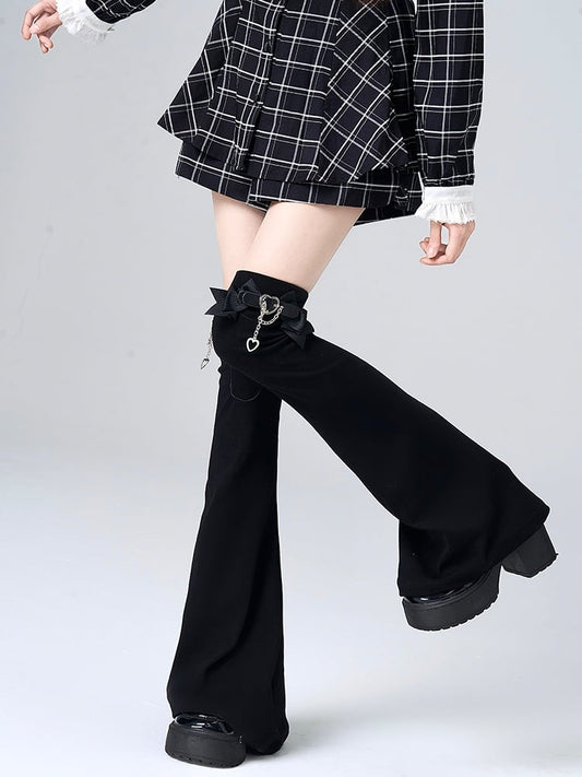 Jirai Kei Black/White Bowknot Buckle Strap Overknee Leg Warmers