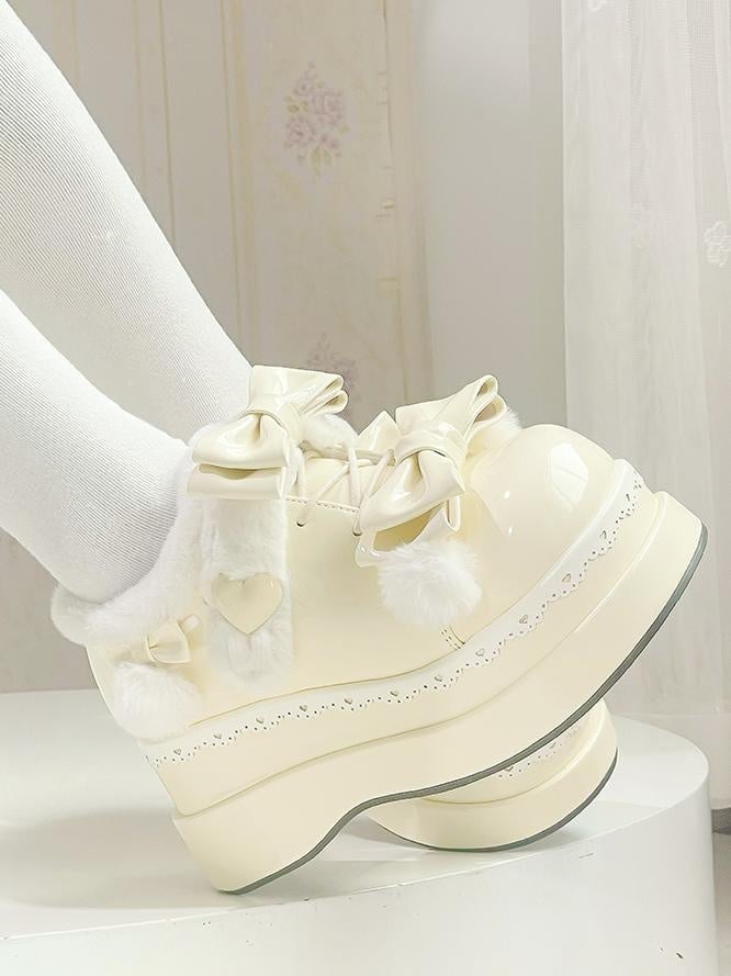 Lolita Creamy Yellow Cute Heart Bowknot Platform Shoes With Pompons