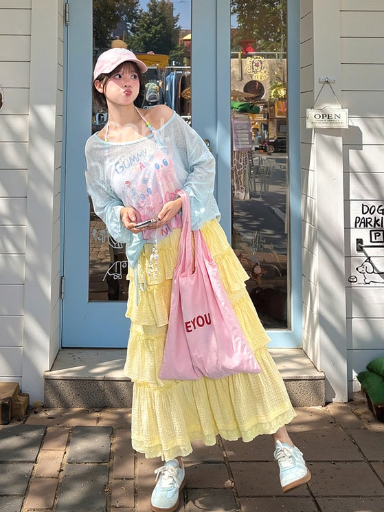 Blue/Pink Cute Semi-sheer Hem Cartoon Print Drawstring Top