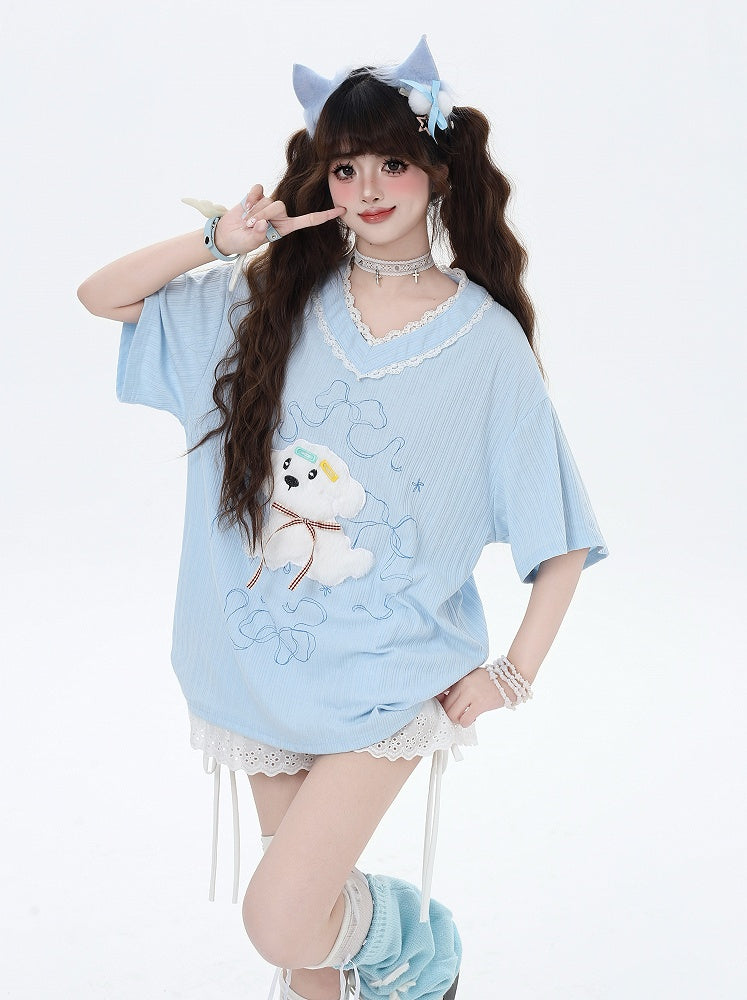V-Neck Plush Puppy Applique Trim Loose T-Shirt Beige/Light Blue Lace