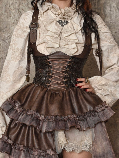 Brown Western Style Steampunk Asymmetrical Overall Dress with Detachable Train
