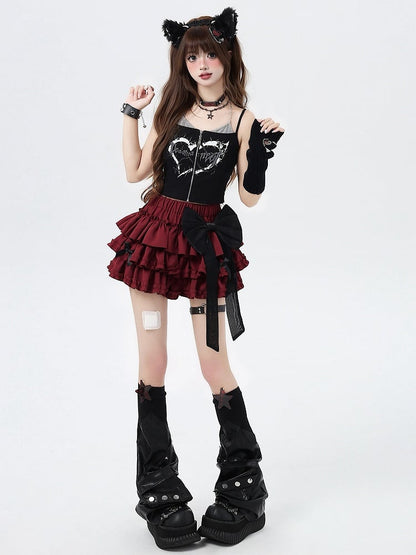 Skirt with Bow Bowknots Sweet Tiered Red Big Free