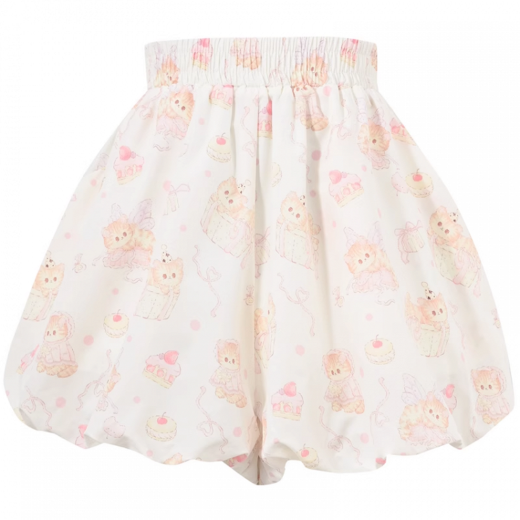 Beige Elastic Bubble Shorts Print Allover Kitty Waist