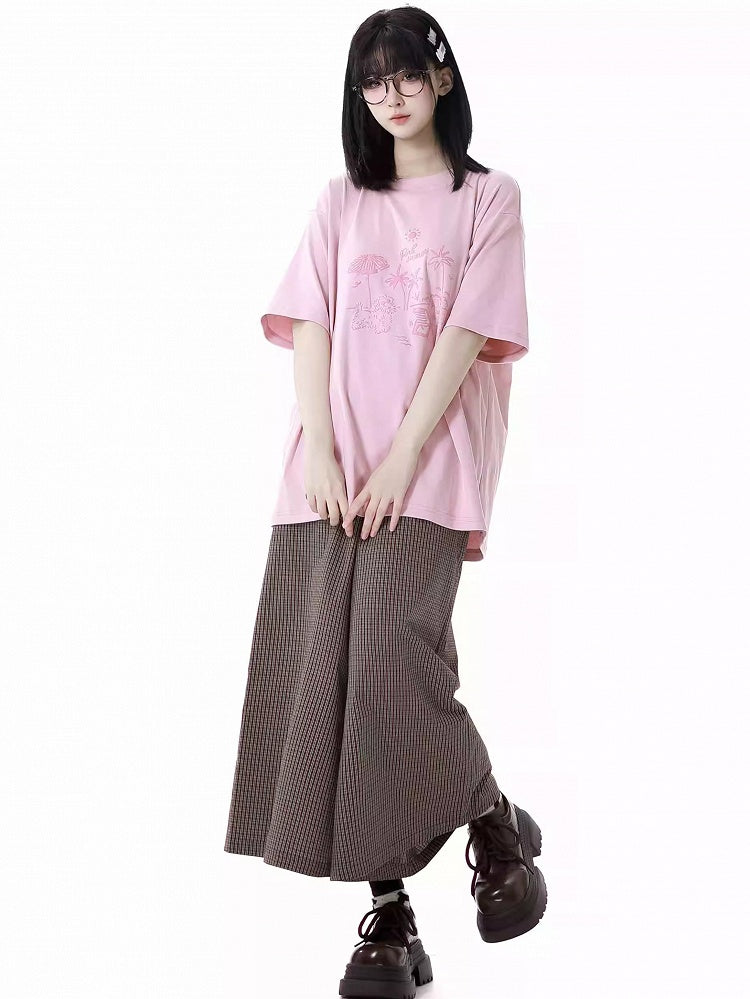 Loose Graffiti T-Shirt Puppy Round Neck Gray/Pink/Light Purple