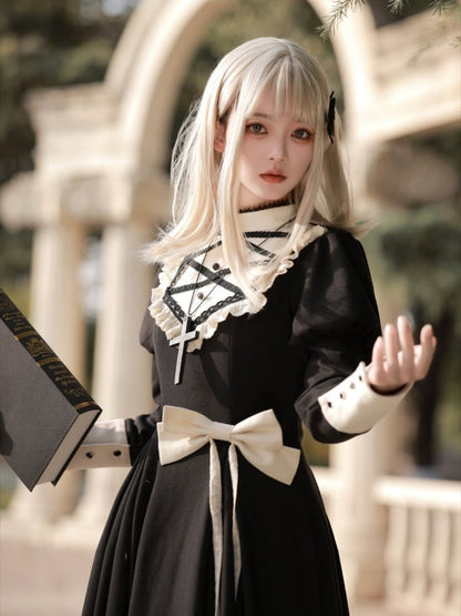 Robe noire élégante à manches Juliette, style lolita, manches longues, une pièce