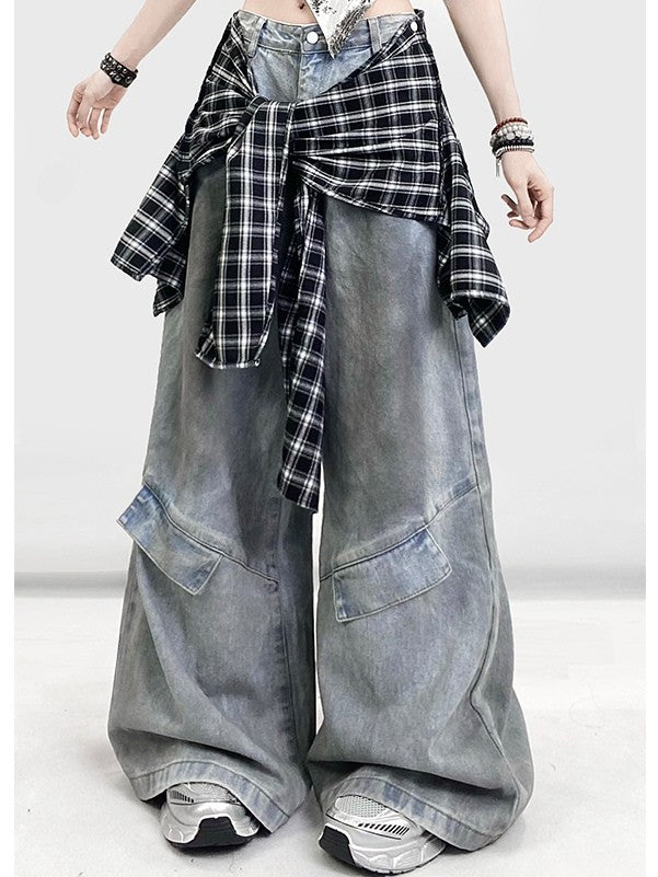 Wide-leg With Blue Bittersweet Jeans BlackWhite Plaid Pattern Accessory Cut Detachable