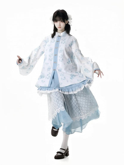 Blue Elastic Waist Floral Pattern Lace Skirt