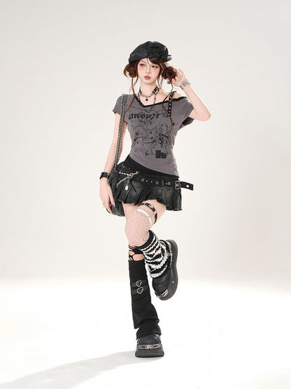 T-Shirt mit asymmetrischem Ausschnitt und schmaler Passform, Anime-Mädchen-Print, Grau/Weiß