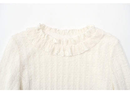 Beige Ruffle Neckline Long Sleeves Top