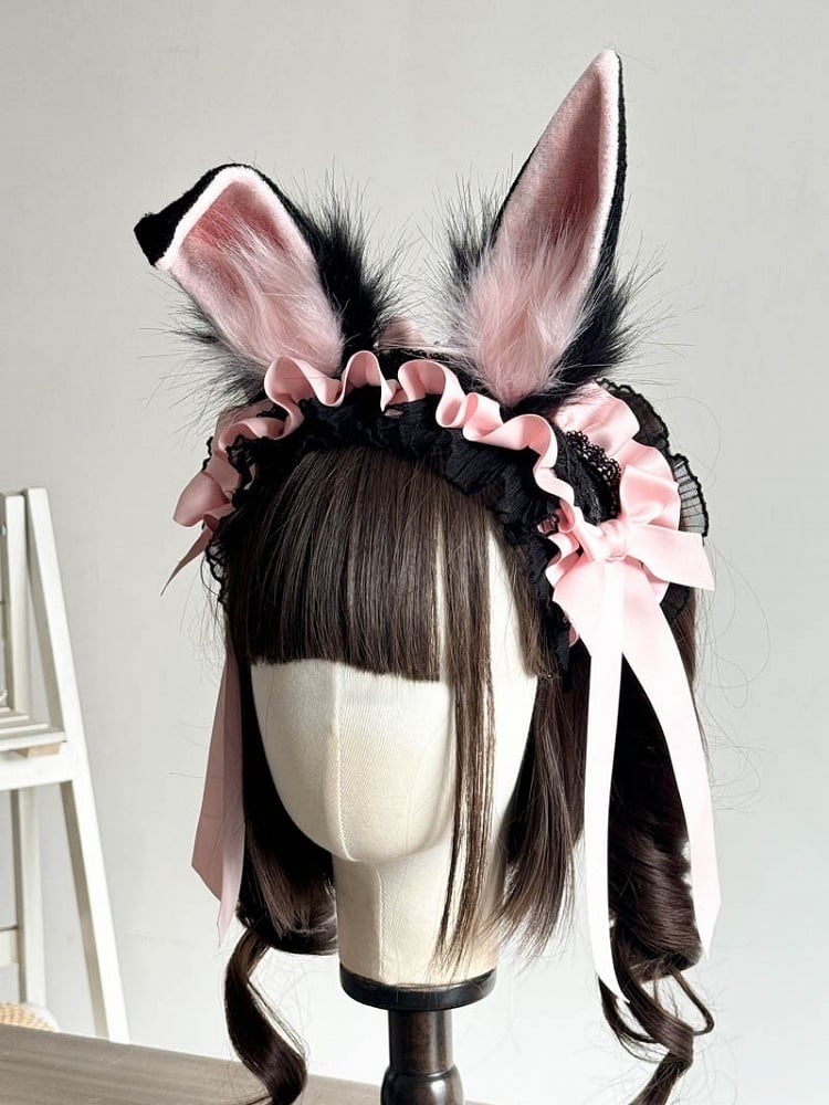 Pink Ears and Red/Pink/Black Rabbit Daisy with Hairband Decoration Lolita Lace