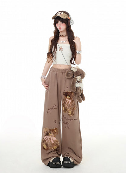 Coffee/Gray Plush Teddy Bear Applique Straight-Leg Pants