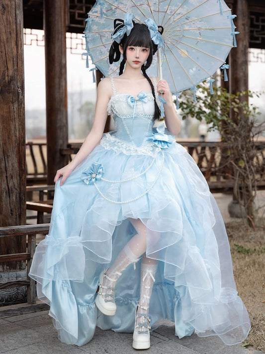 Sizes Flounce Blue High-low Princess Available Top Waist Lolita Boned + Skirt Cascading Plus