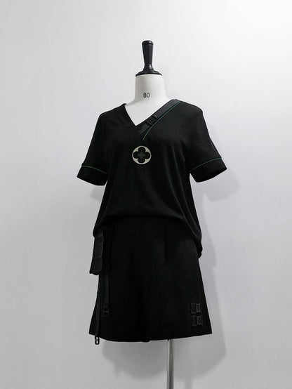 Techwear Strap Black T-shirt Ouji Fashion Buckle V-neck