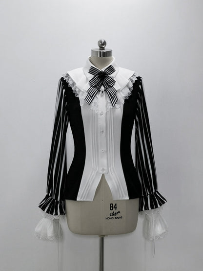 Black and White Ouji Lolita Circus Magician Vibes Striped Long Sleeves Shirt