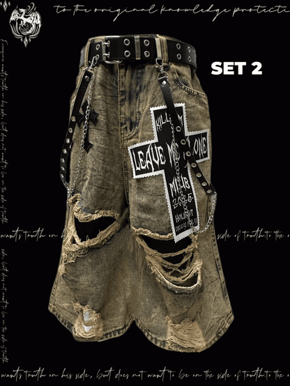 Punk Wasteland Cross Appliques Yellow Distressed Holes Denim Shorts Y2K