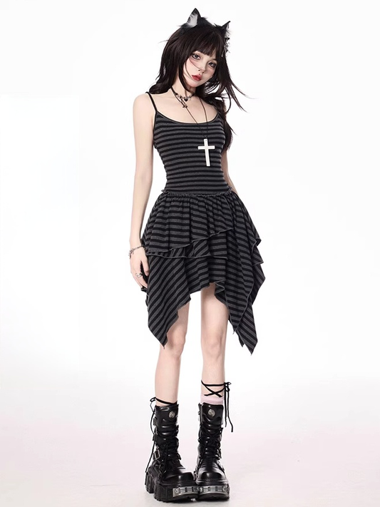 Dress Skirt Cami Black and Gray Stripes Handkerchief Hem Tiered