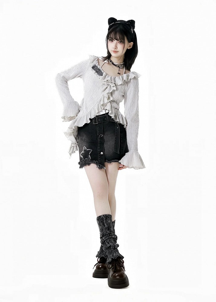 Y2K Black Star Appliques Raw Hem Denim Skirt with Buckle Belt