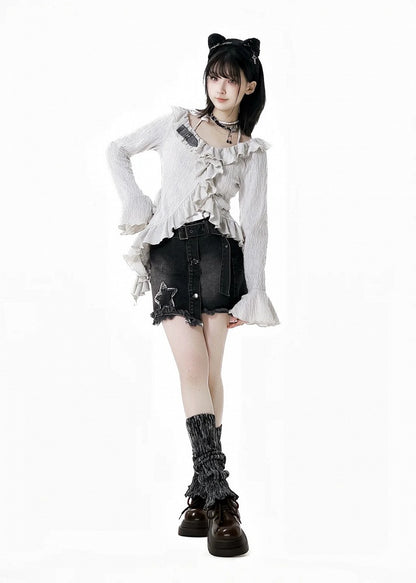 Y2K Black Star Appliques Raw Hem Denim Skirt with Buckle Belt