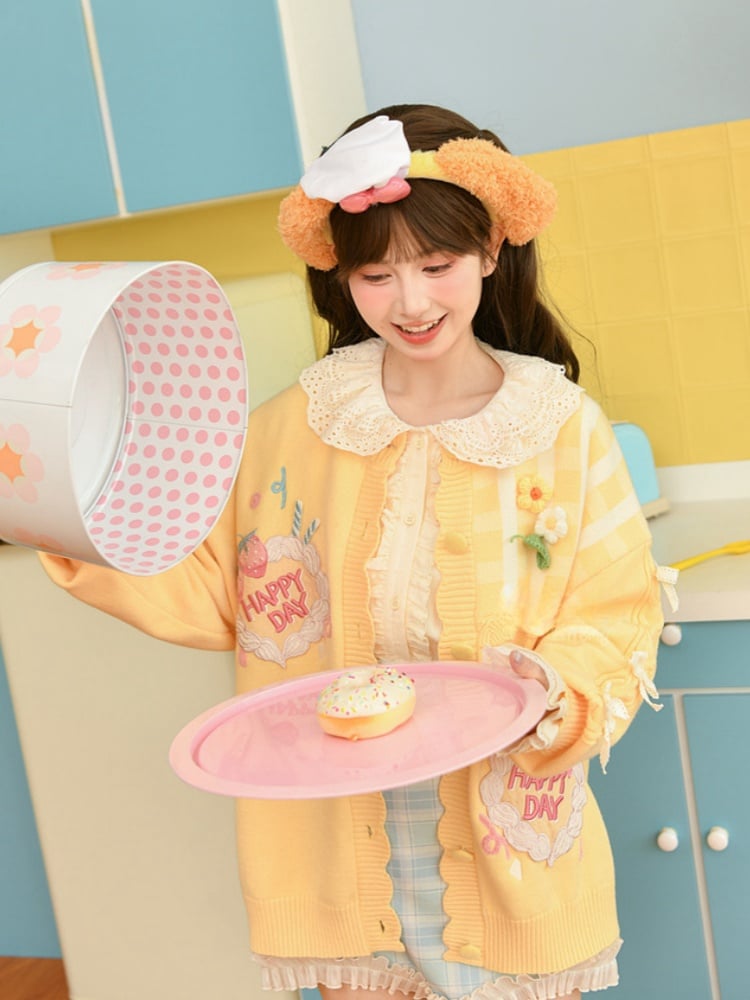 Kawaii Yellow Knitted Cardigan Floral Accents Creamy Yume Strawberry Cake Embroidered