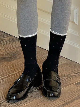 Polka-dot Pattern Ruffled Cuff Calf Socks