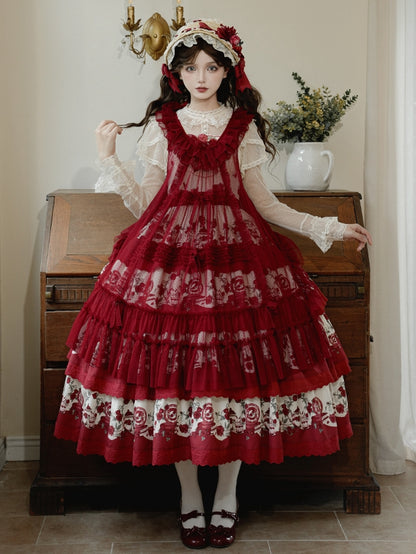 Details Rüschen und rosa Stil rote Punkte Schleife Überkleid Tüll Haus Trim