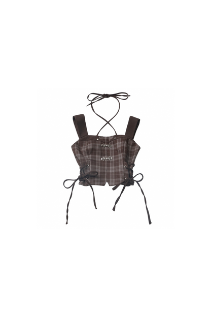 skirt + blue bustier top dark check y2k asymmetrical