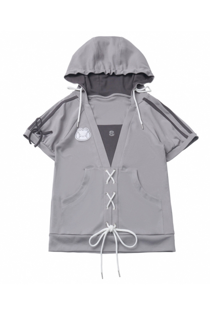 loose Lace-up skirt balloon top hooded t-shirt +