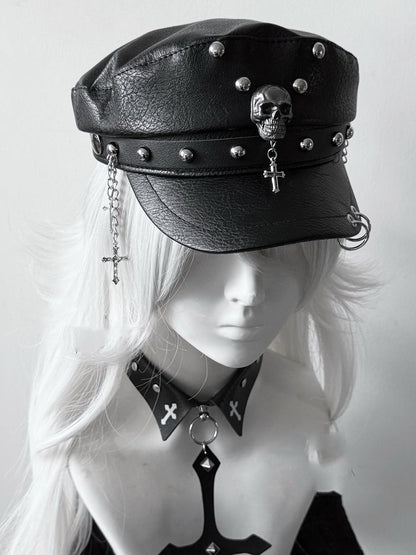 Nietenhut Y2K Kreuz Charm Punk Schwarz PU