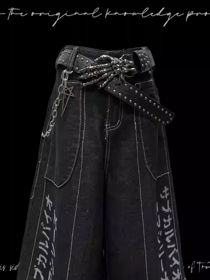 Denim Shorts Y2K Black Letter Print Wide-leg