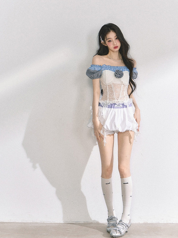 Cascading Waist Top Ruffles Off-the-Shoulder Neckline Lace Patches Blue