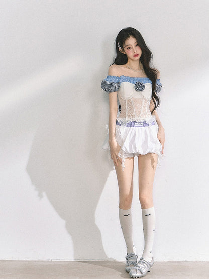Cascading Waist Top Ruffles Off-the-Shoulder Neckline Lace Patches Blue
