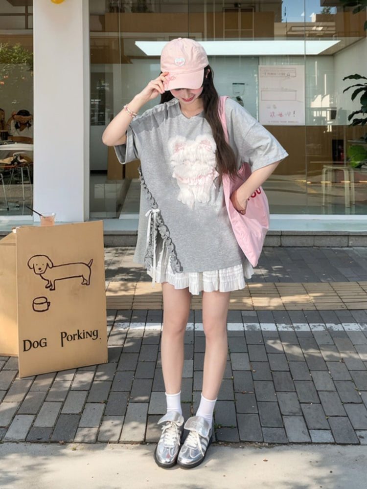 Pink/Gray Round Neck Plush Kitty/Bear T-Shirt