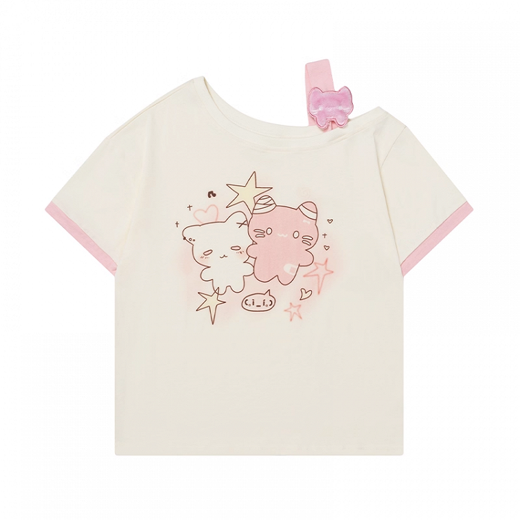 Asymmetrical Neckline T-shirt Cartoon Kitty Print Pink/Blue/Black