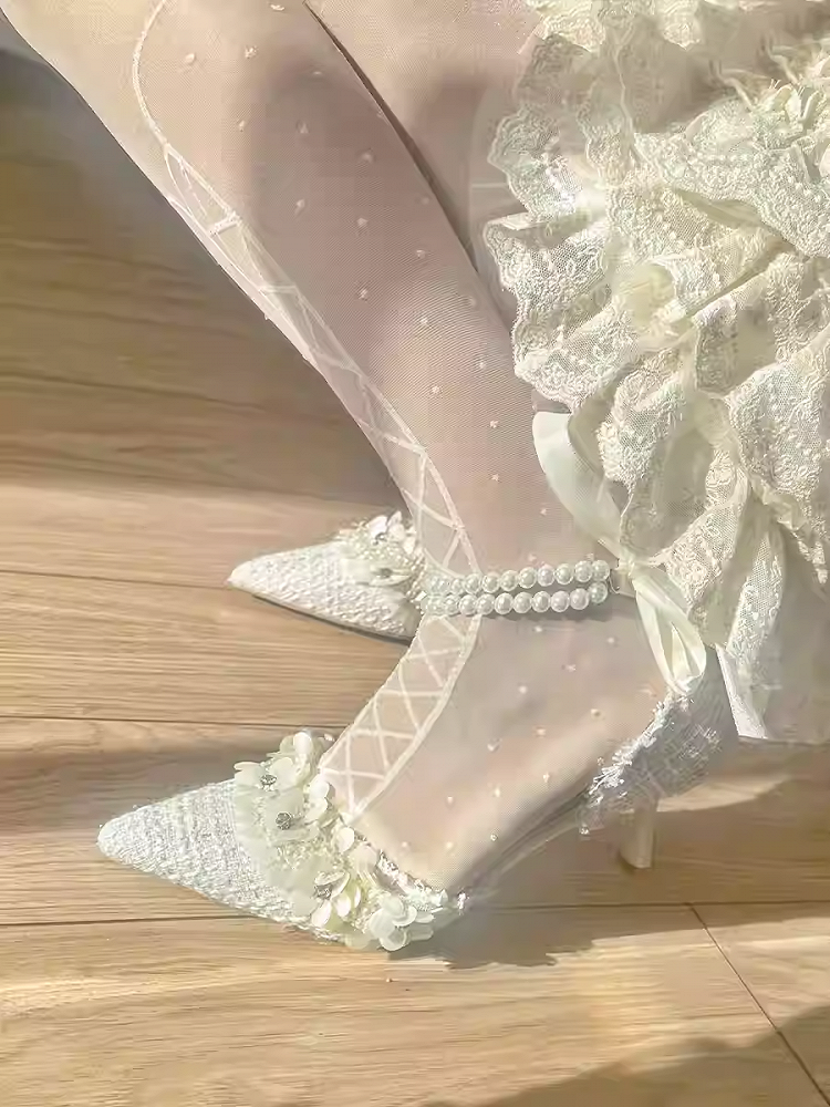 Beige Pointed Toe Floral High Heels with Beaded Chain