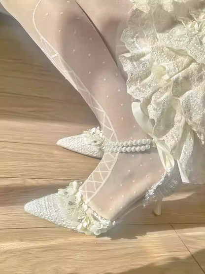 Beige Pointed Toe Floral High Heels with Beaded Chain
