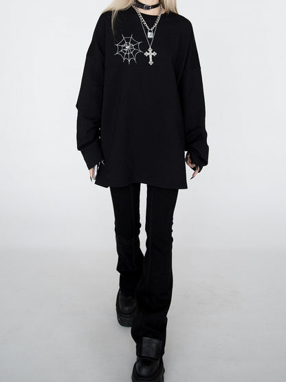 Spiderweb Embroidered Black Sweatshirt with Detachable Metal Spider