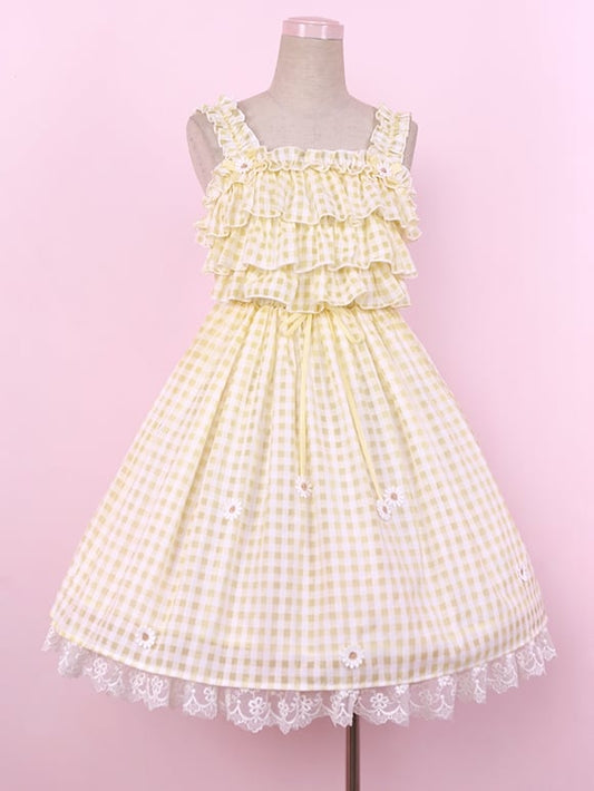 Robe d'été vichy jaune Cottagecore avec bordure en dentelle marguerite et jupe pull Lolita à carreaux
