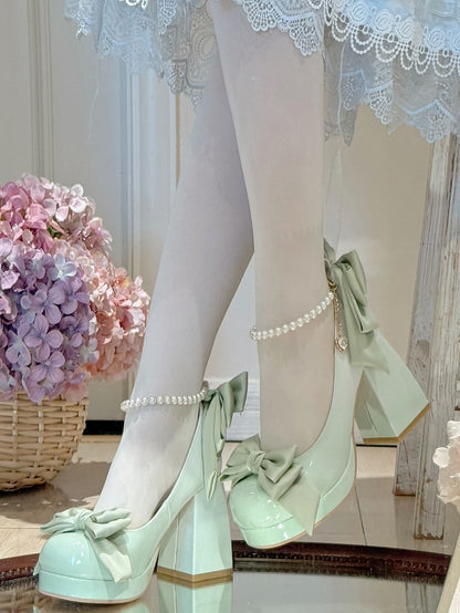 Grüne Lolita-Plateauschuhe mit Schleife und runder Mary-Schuh-Details