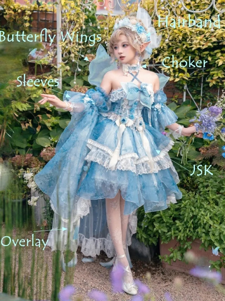 Full Princess Floral Butterfly Set Design Blue JSK Fairycore Lolita Dress