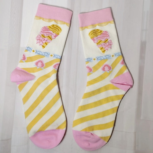Pink&Yellow Sweet Lolita Bowknot Striped Calf Socks