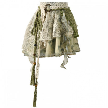 Dye Lace Patchwork Design Long/Short Tie Skirt Version Kei Green Mori